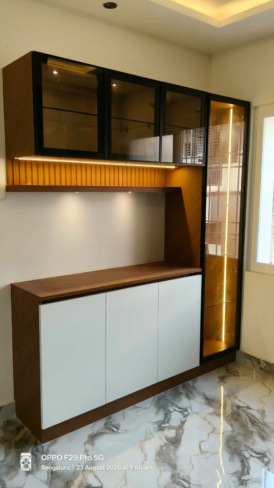 Custom wooden TV unit with integrated lighting